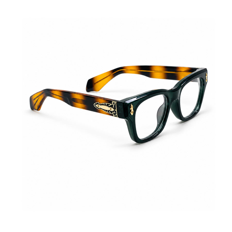 V006 VERLIN Square Optical Frame in Green Tortoise — three-quarter view (opposite side)