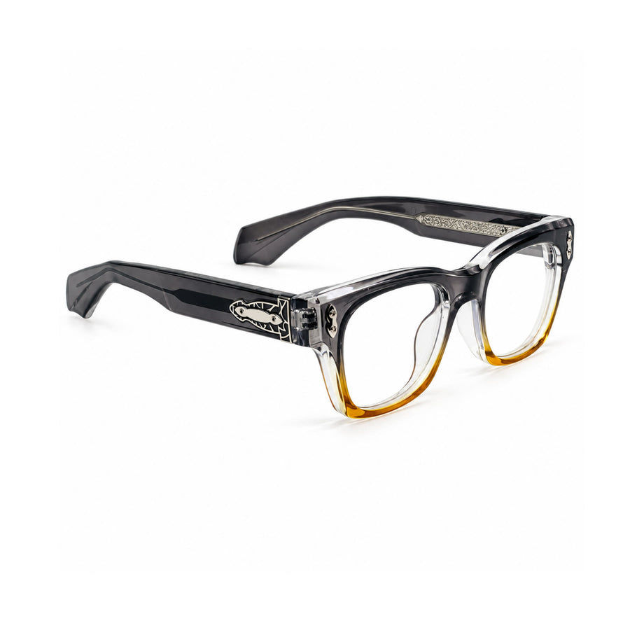 V006 VERLIN Square Optical Frame in Grey Amber — three-quarter view (opposite side)