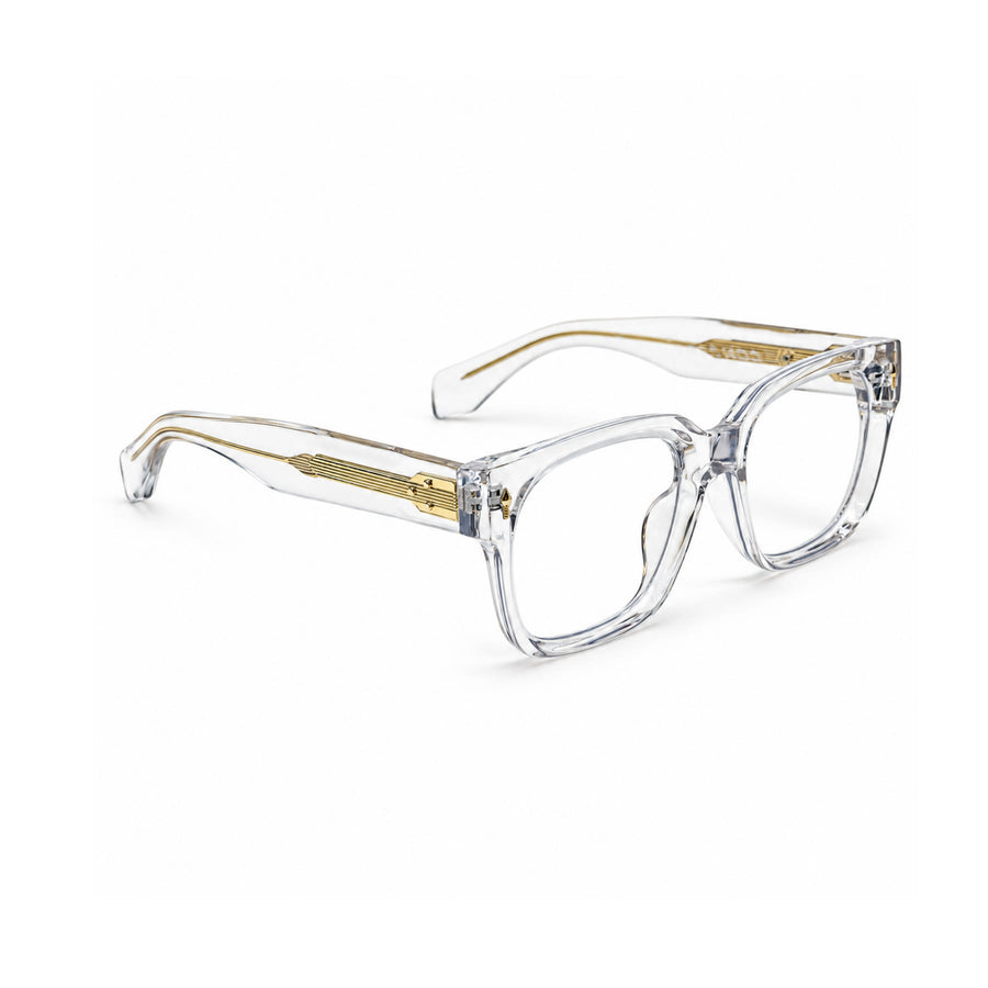V007 VERLIN Square Optical Frame in Crystal Clear — three-quarter view (opposite side)