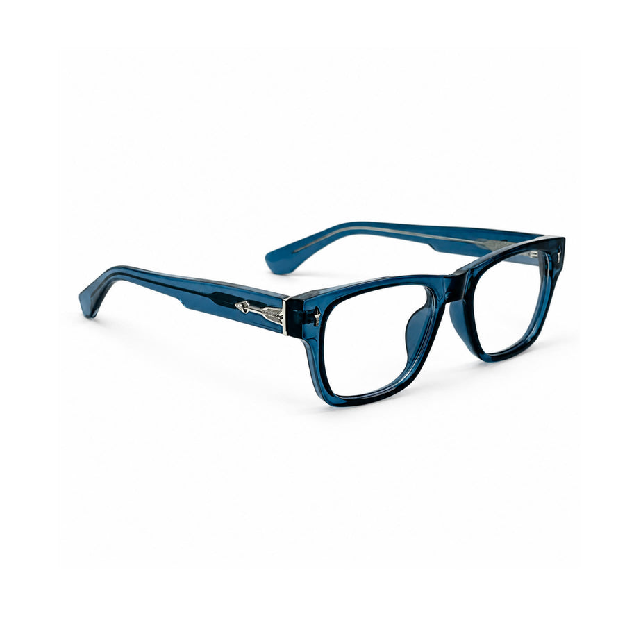 VM001 VERLIN Rectangle Optical Frame in Blue — three-quarter view (opposite side)