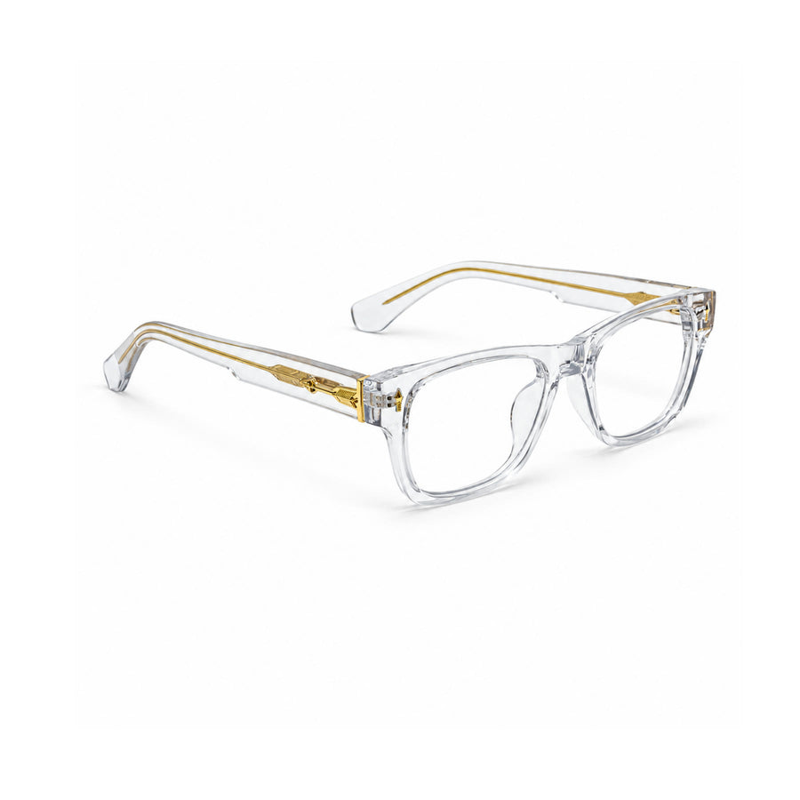 VM001 VERLIN Rectangle Optical Frame in Crystal Clear — three-quarter view (opposite side)