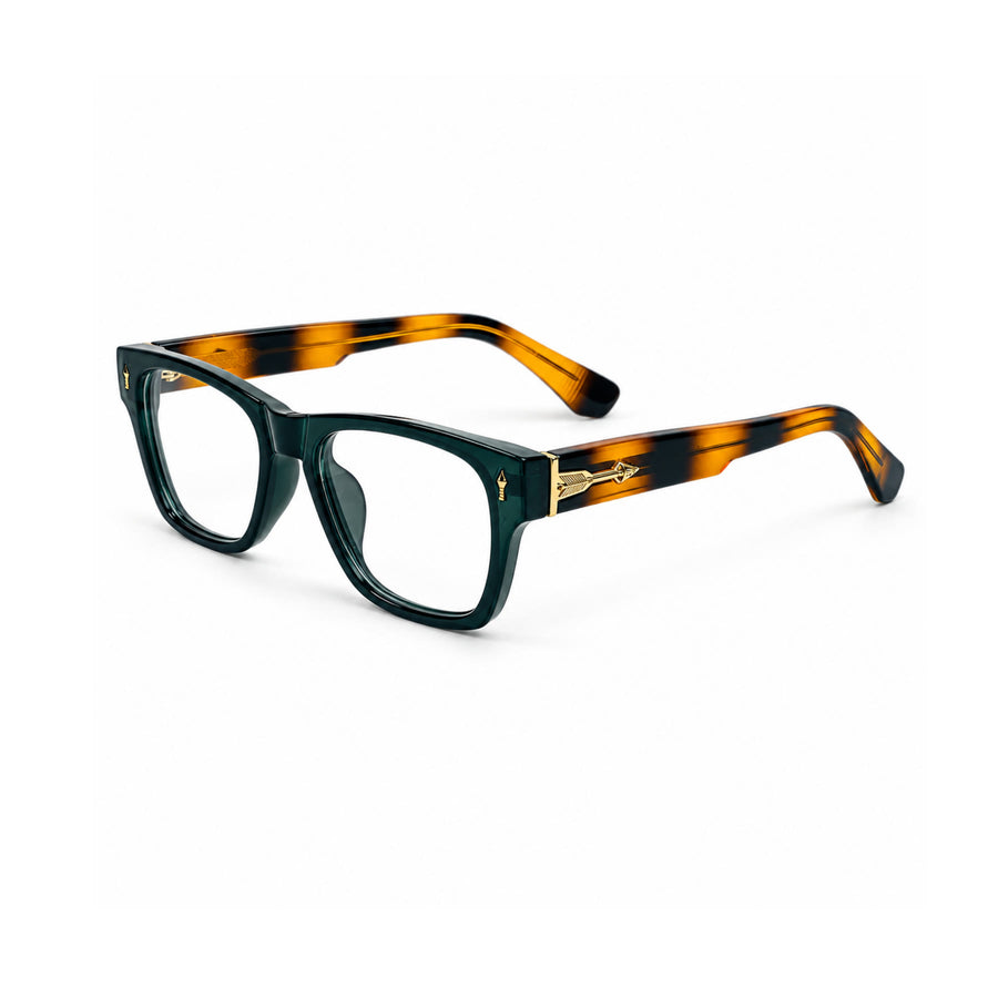 VM001 VERLIN Rectangle Optical Frame in Green Tortoise — three-quarter view