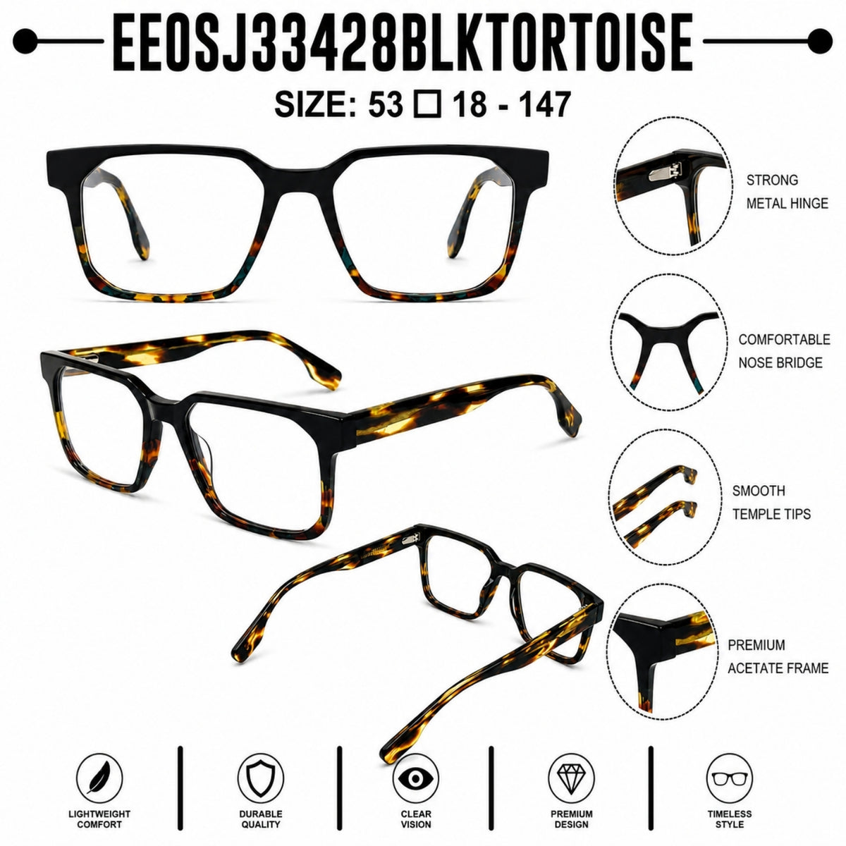 2935 Hand Made Acetate Black Tortoise Rectangle Optical Frame — specification card