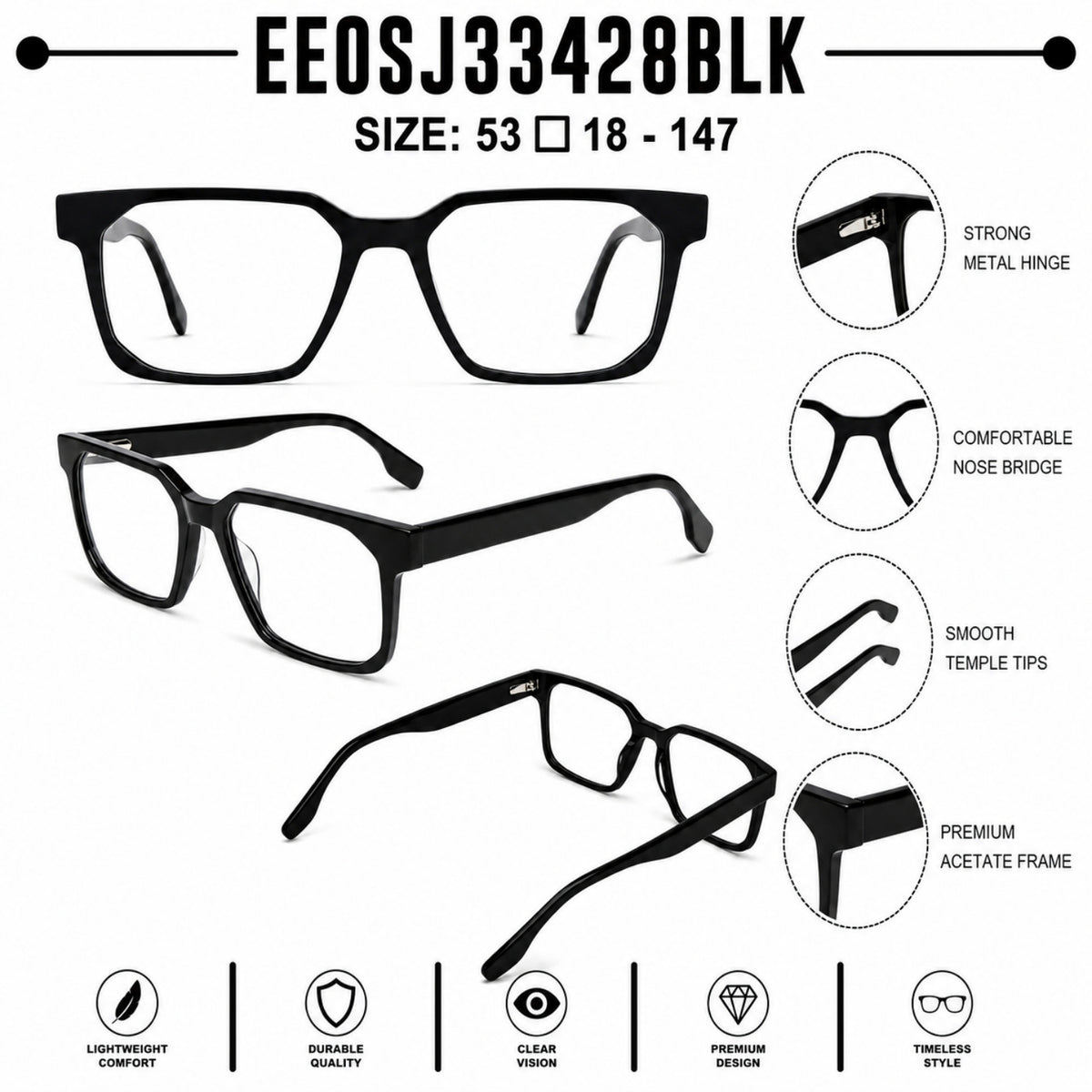 2935 Hand Made Acetate Black Rectangle Optical Frame — specification card
