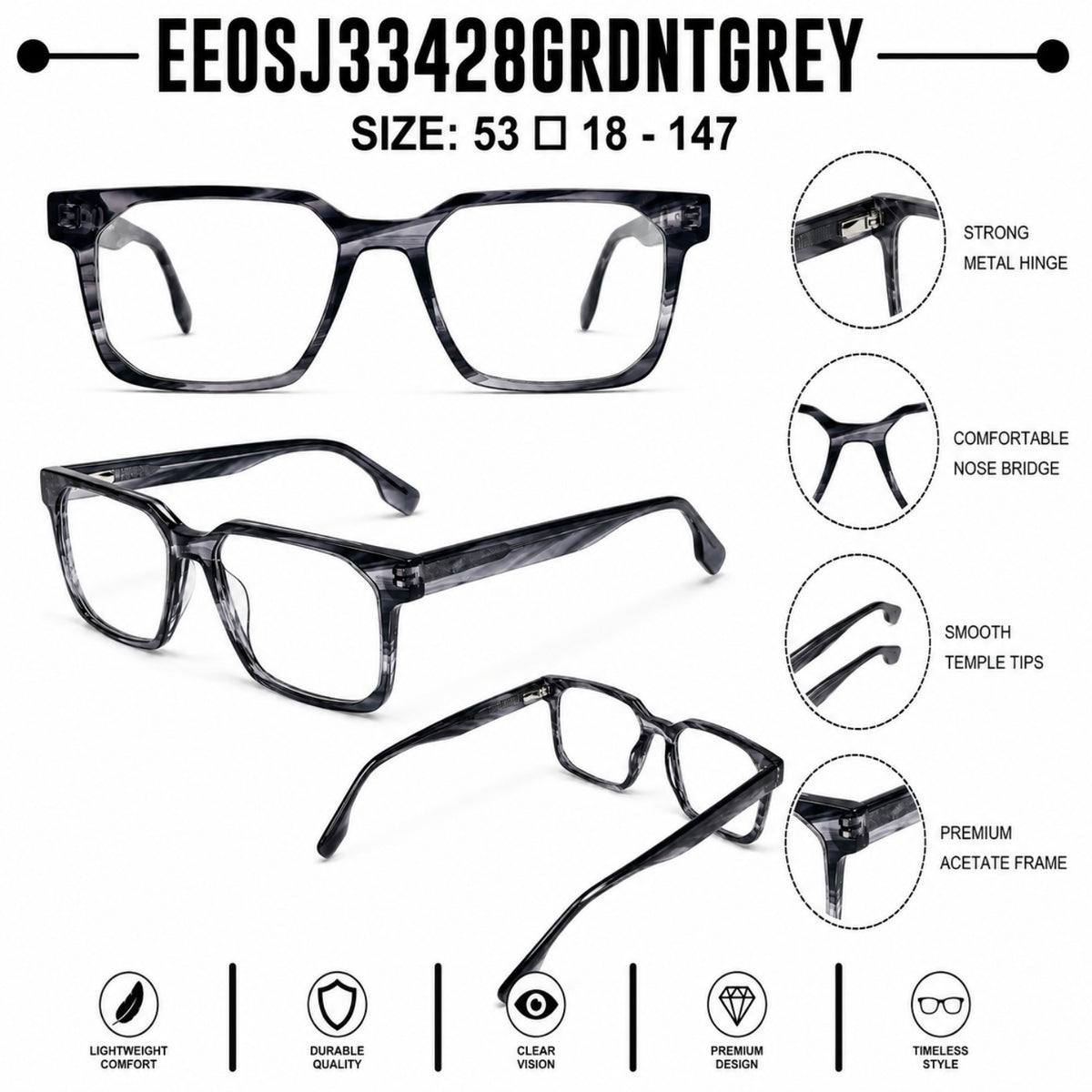 2935 Hand Made Acetate Gradient Grey Rectangle Optical Frame — specification card