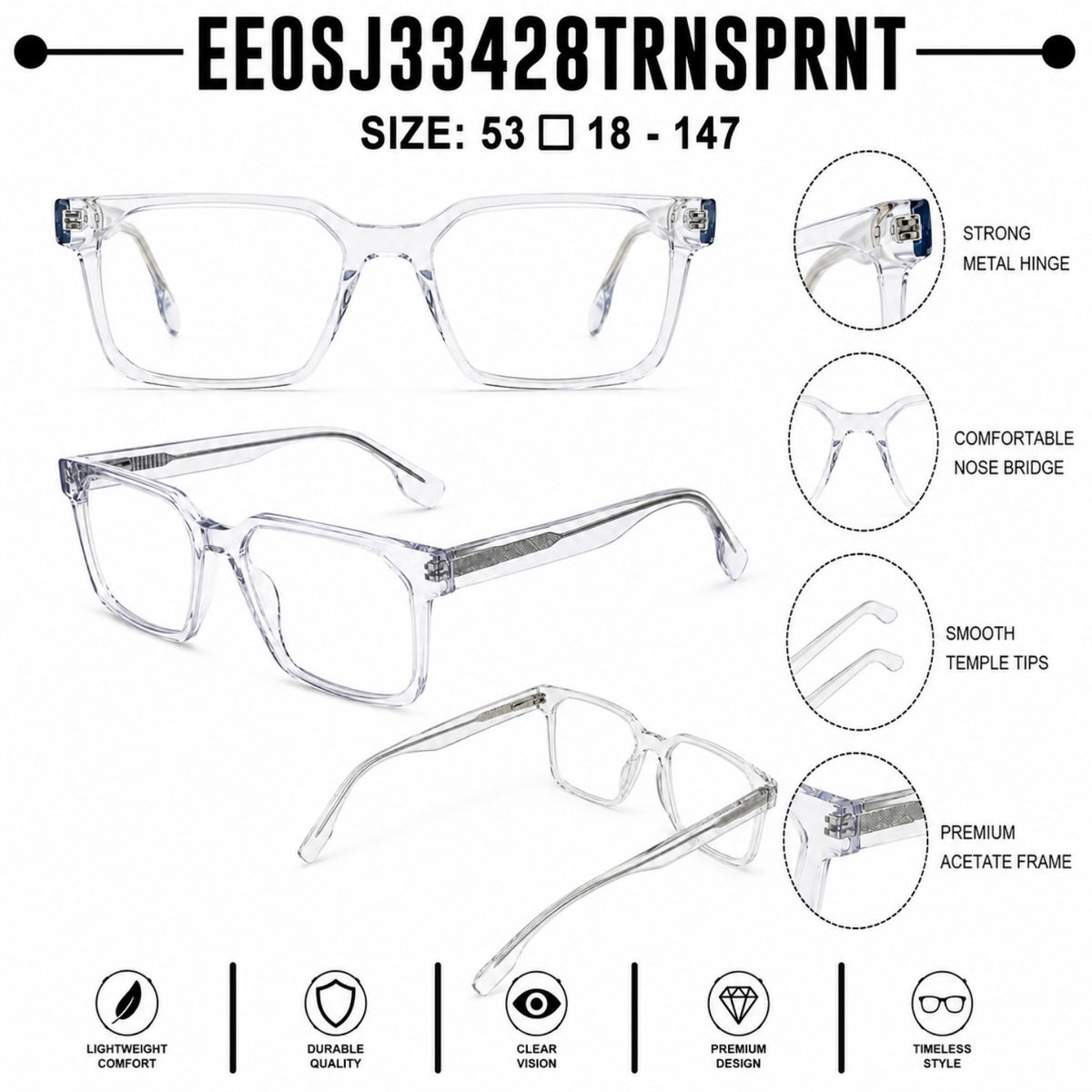 2935 Hand Made Acetate Transparent Rectangle Optical Frame — specification card