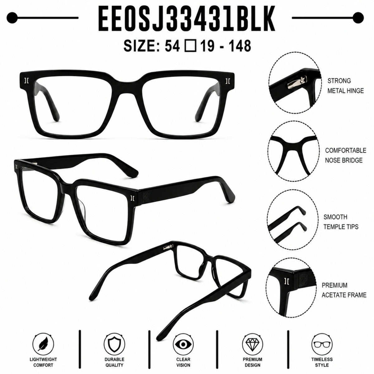 2838 Hand Made Acetate Black Square Optical Frame — specification card