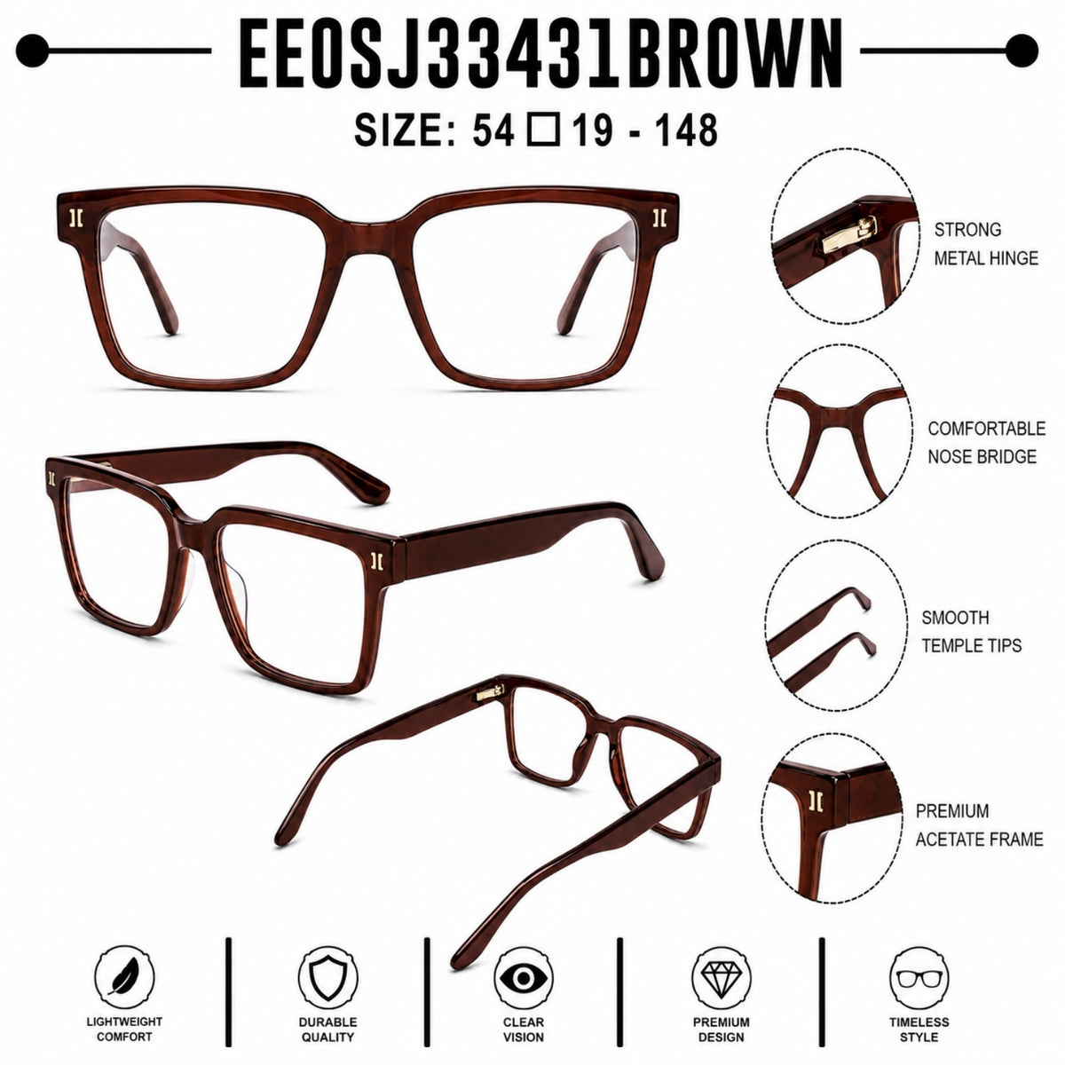 2838 Hand Made Acetate Brown Square Optical Frame — specification card