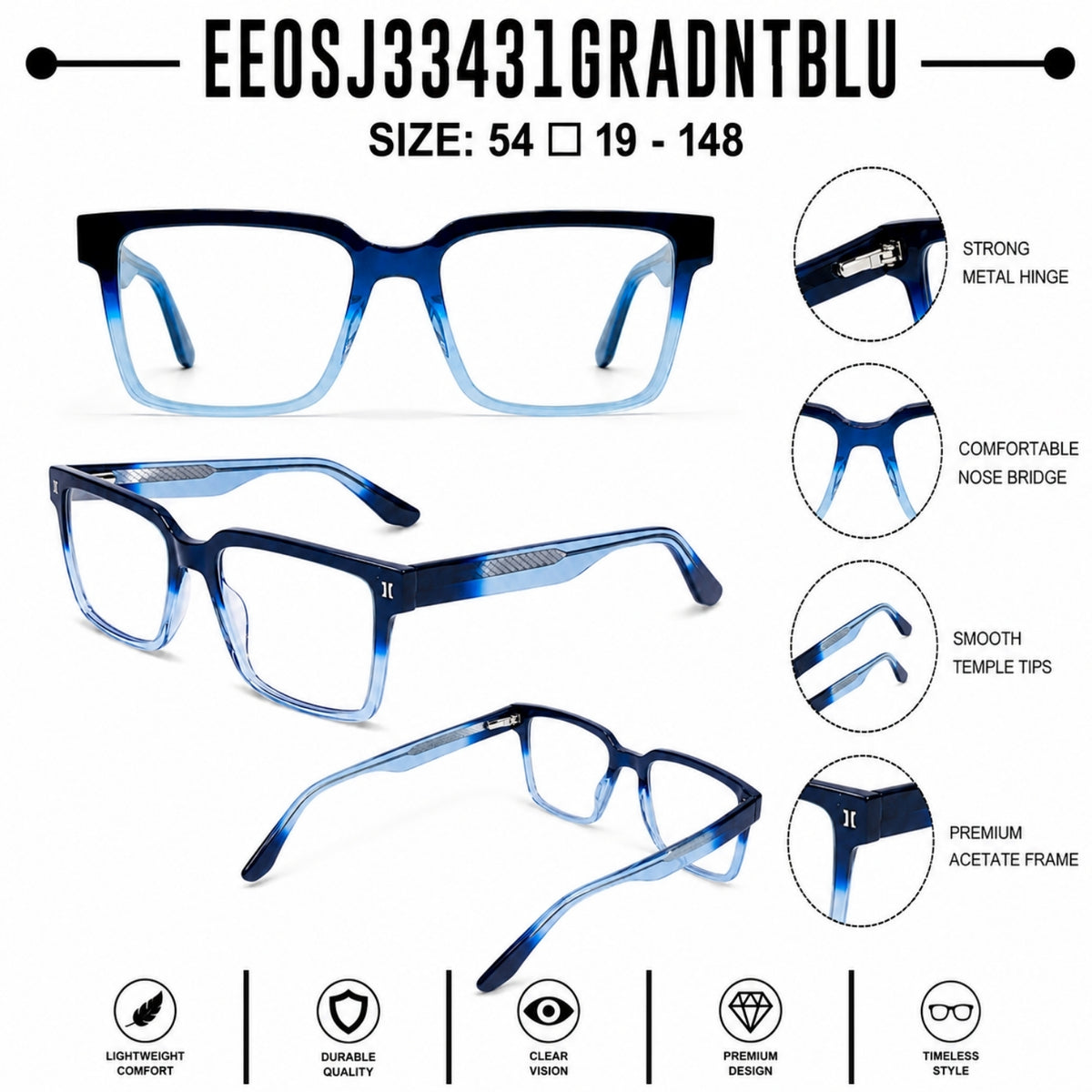 2838 Hand Made Acetate Gradient Blue Square Optical Frame — specification card