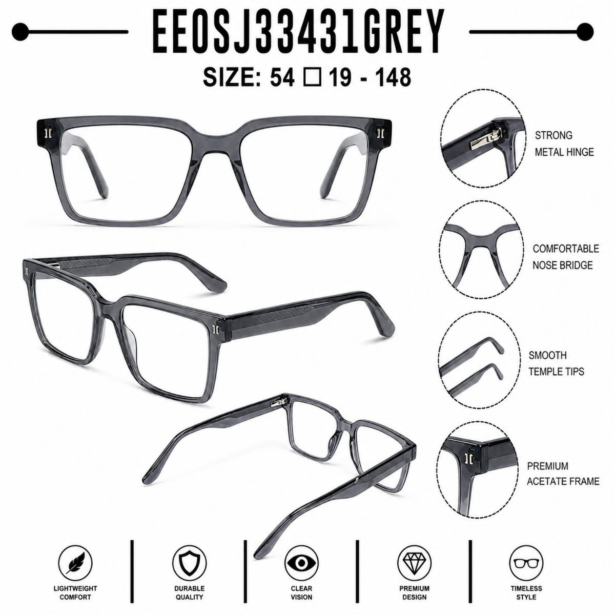 2838 Hand Made Acetate Grey Square Optical Frame — specification card