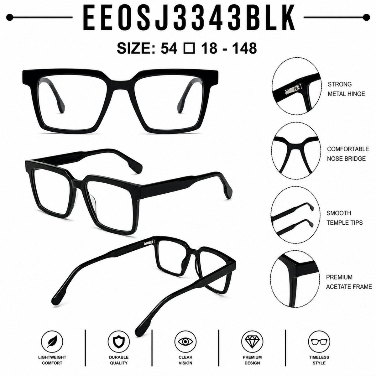 2803 Hand Made Acetate Black Square Optical Frame — specification card
