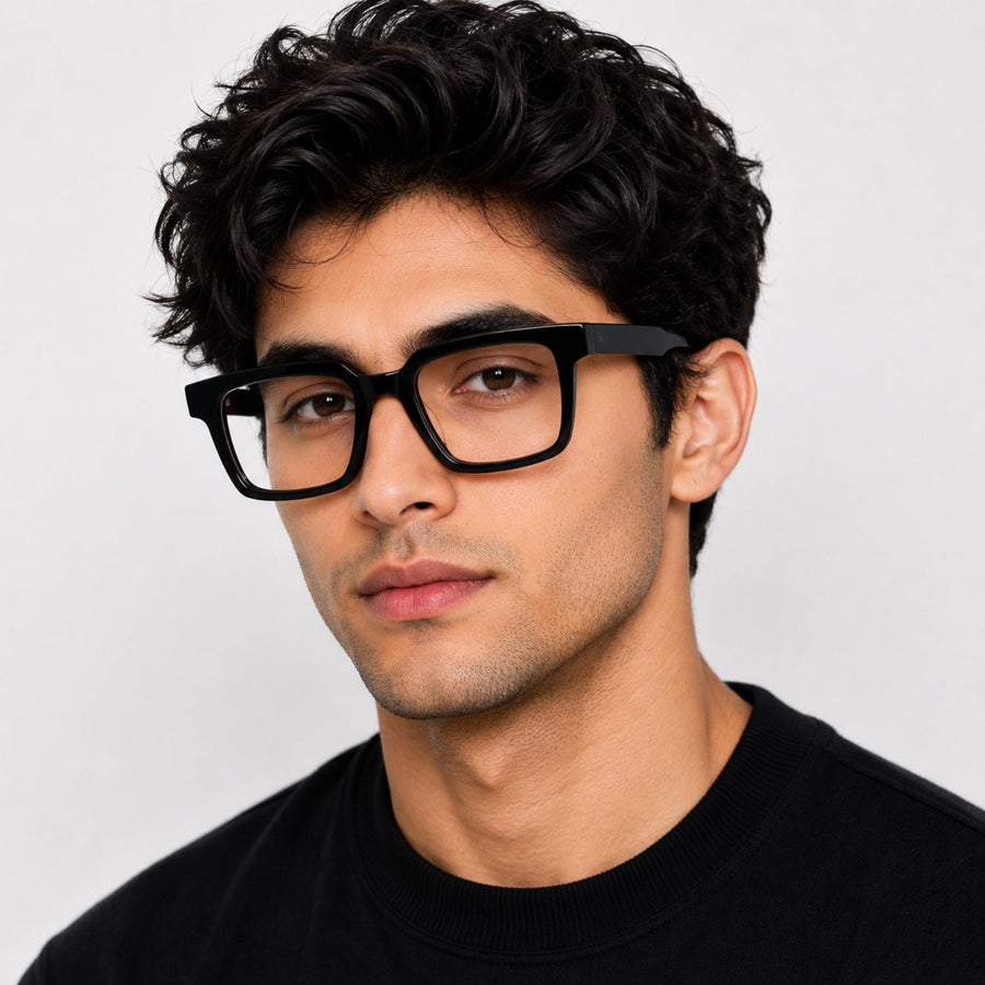 2803 Hand Made Acetate Black Square Optical Frame — on model