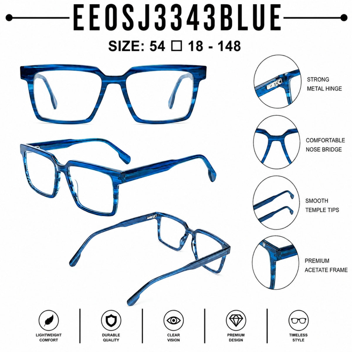 2803 Hand Made Acetate Blue Square Optical Frame — specification card