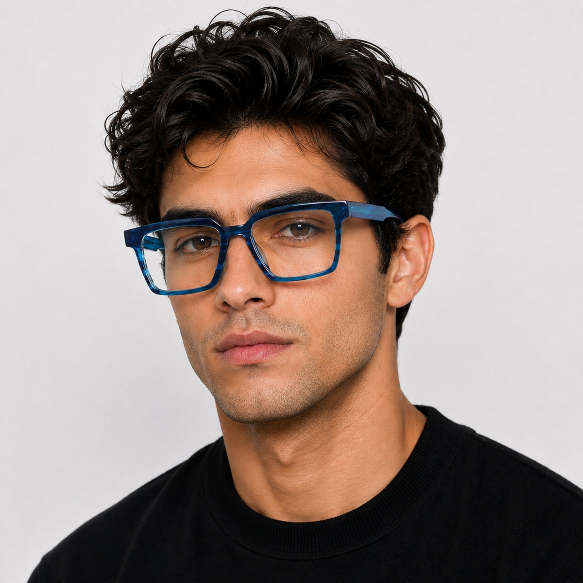 2803 Hand Made Acetate Blue Square Optical Frame — on model