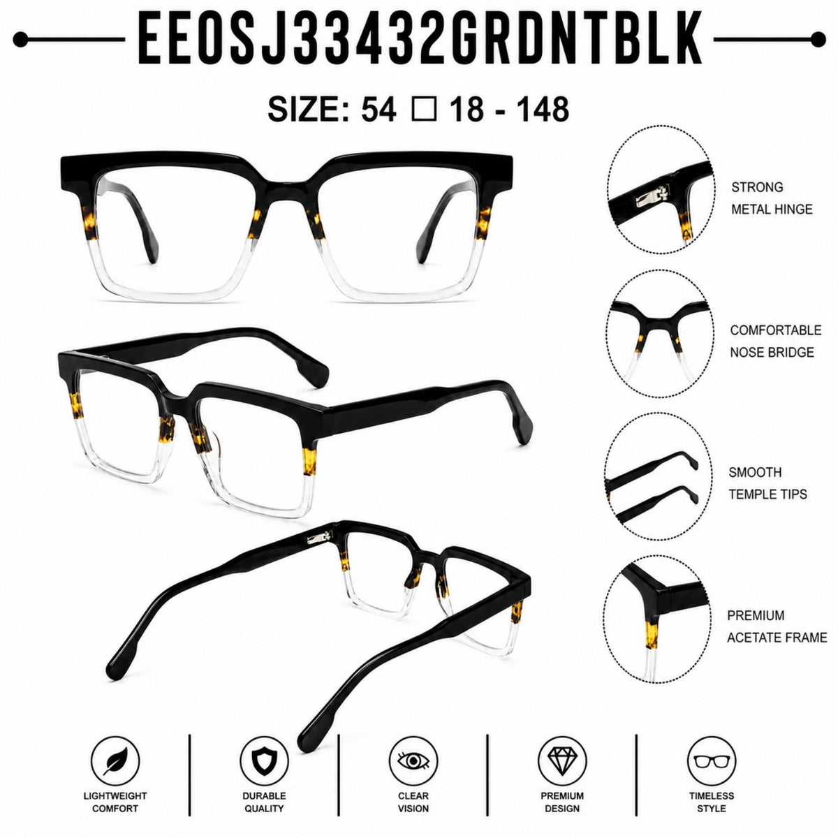2803 Hand Made Acetate Gradient Black Square Optical Frame — specification card