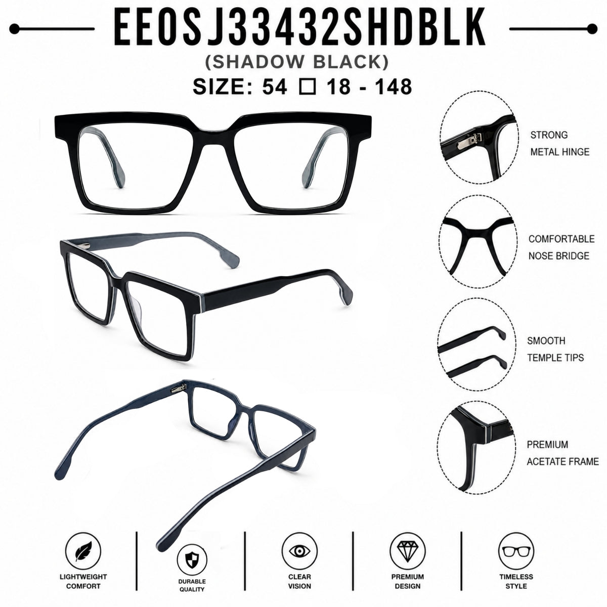 2803 Hand Made Acetate Shaded Black Square Optical Frame — specification card