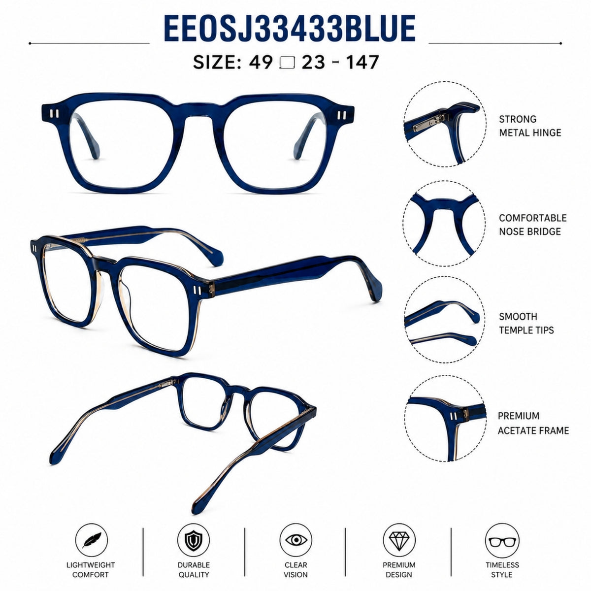 2969 Hand Made Acetate Blue Round Optical Frame — specification card