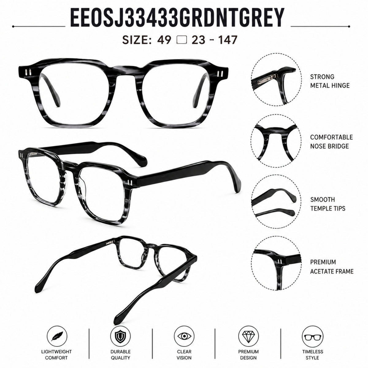 2969 Hand Made Acetate Gradient Grey Round Optical Frame — specification card
