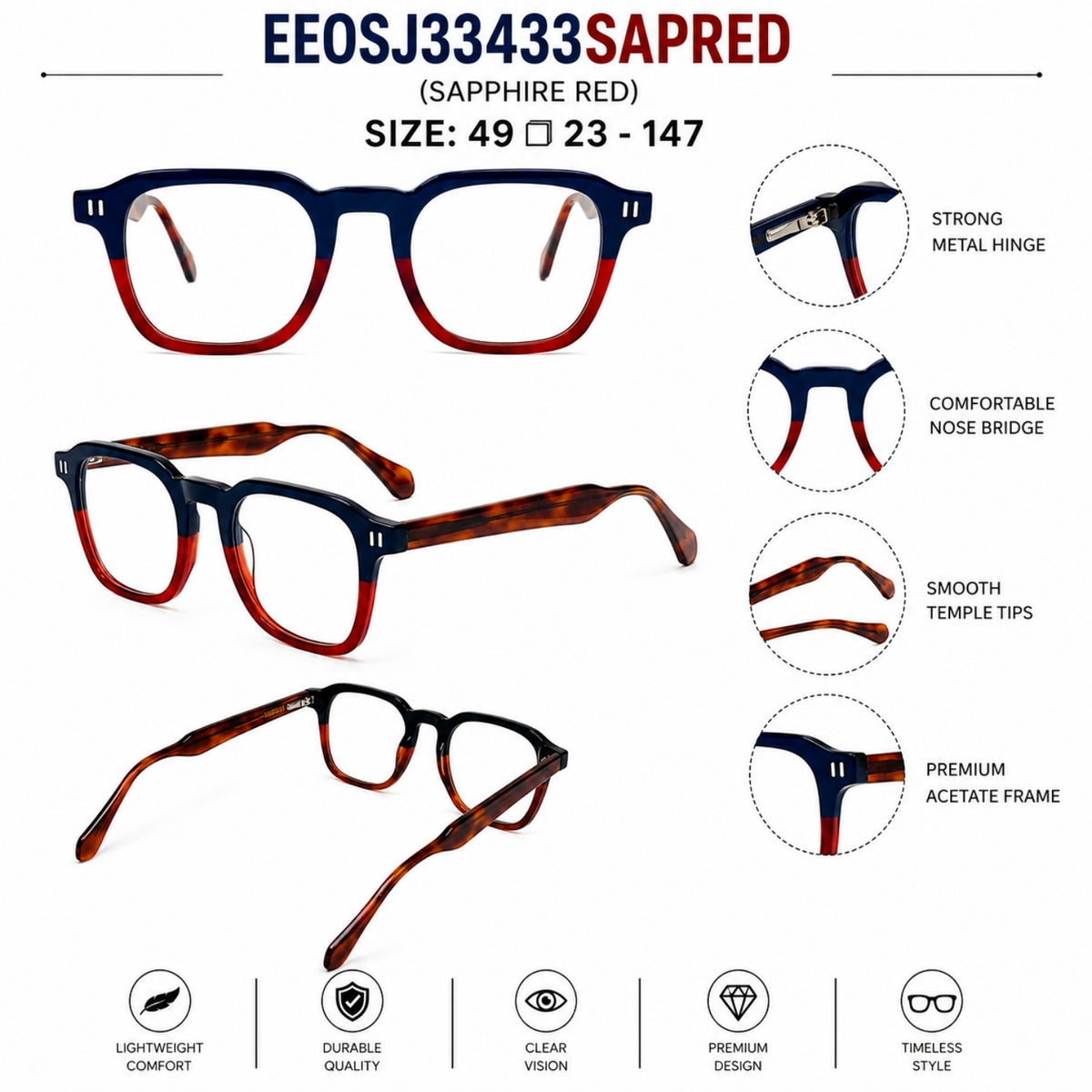2969 Hand Made Acetate Sapphire Red Round Optical Frame — specification card