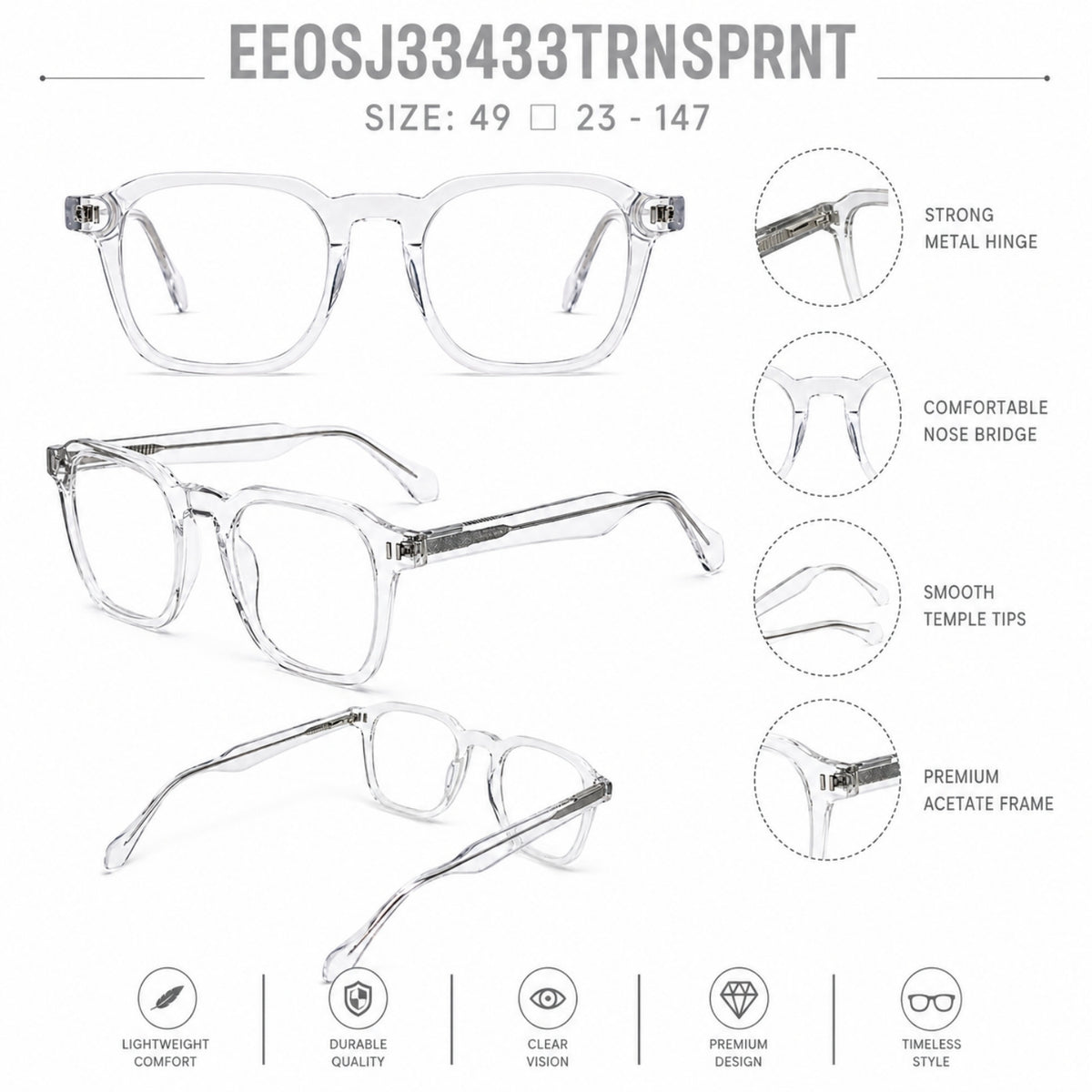 2969 Hand Made Acetate Transparent Round Optical Frame — specification card