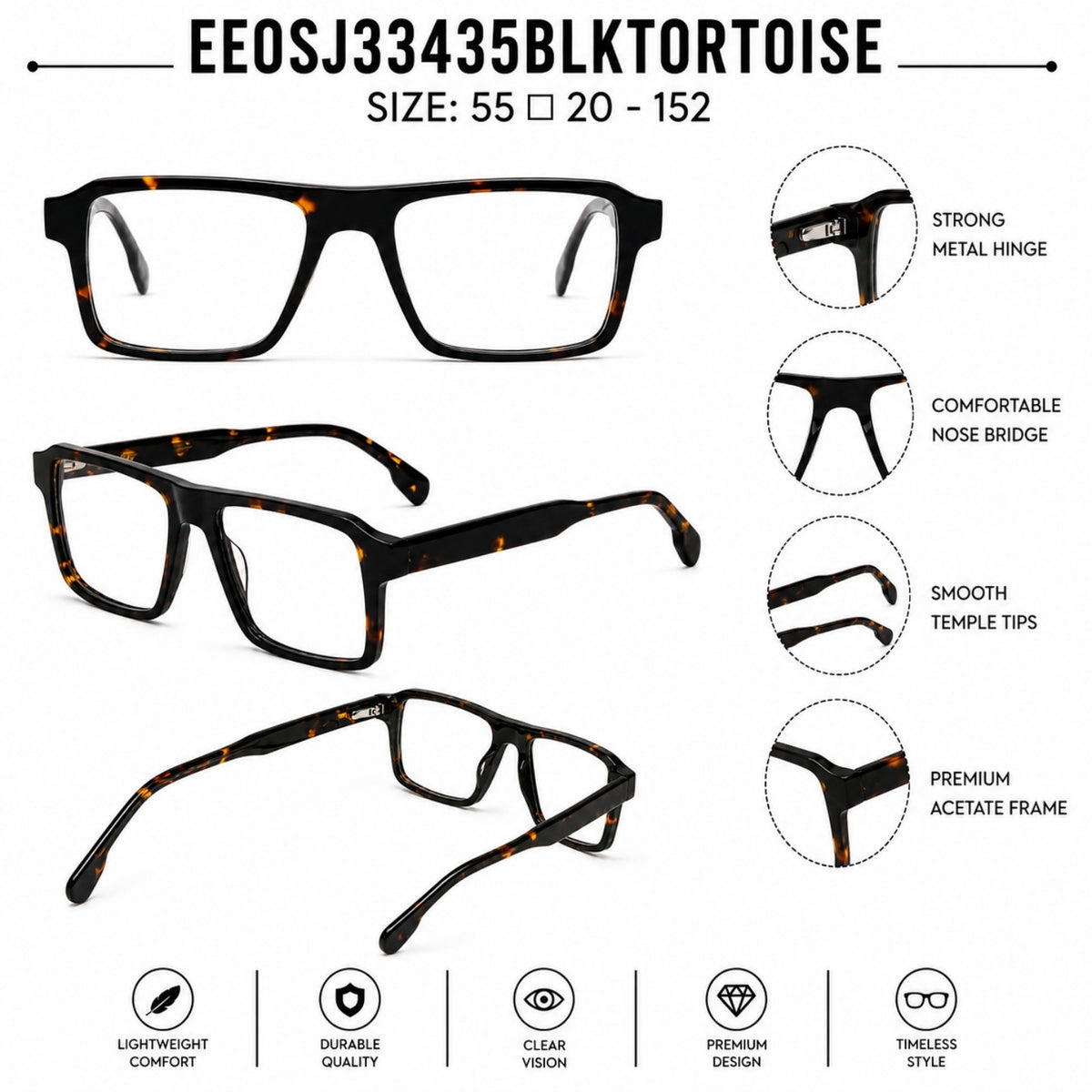 22118 Hand Made Acetate Black Tortoise Rectangle Optical Frame — specification card