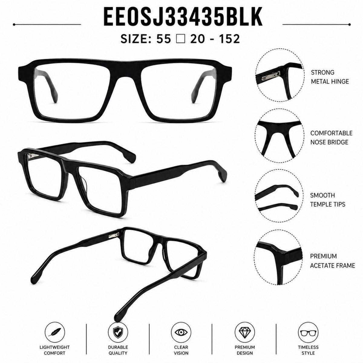 22118 Hand Made Acetate Black Rectangle Optical Frame — on model