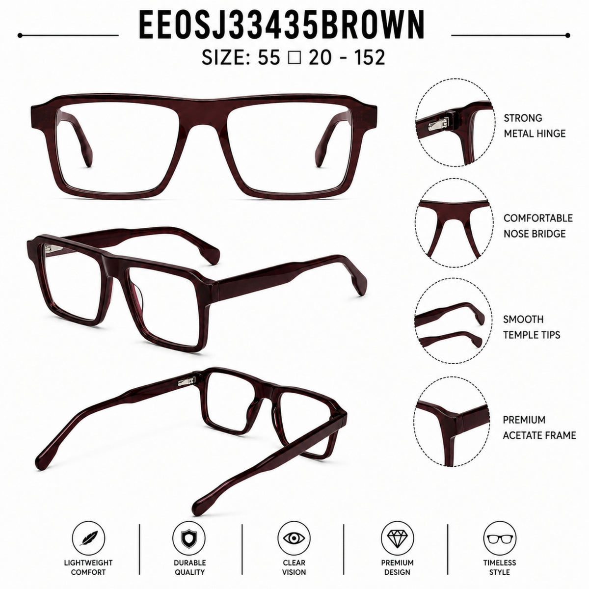 22118 Hand Made Acetate Brown Rectangle Optical Frame — specification card