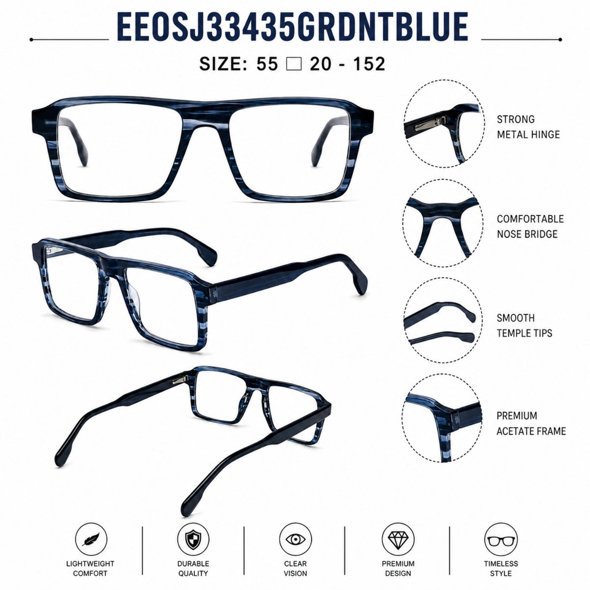 22118 Hand Made Acetate Gradient Blue Rectangle Optical Frame — specification card