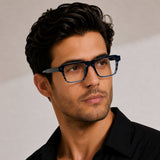 22118 Hand Made Acetate Gradient Blue Rectangle Optical Frame — on model