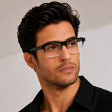 22118 Hand Made Acetate Gradient Grey Rectangle Optical Frame — on model