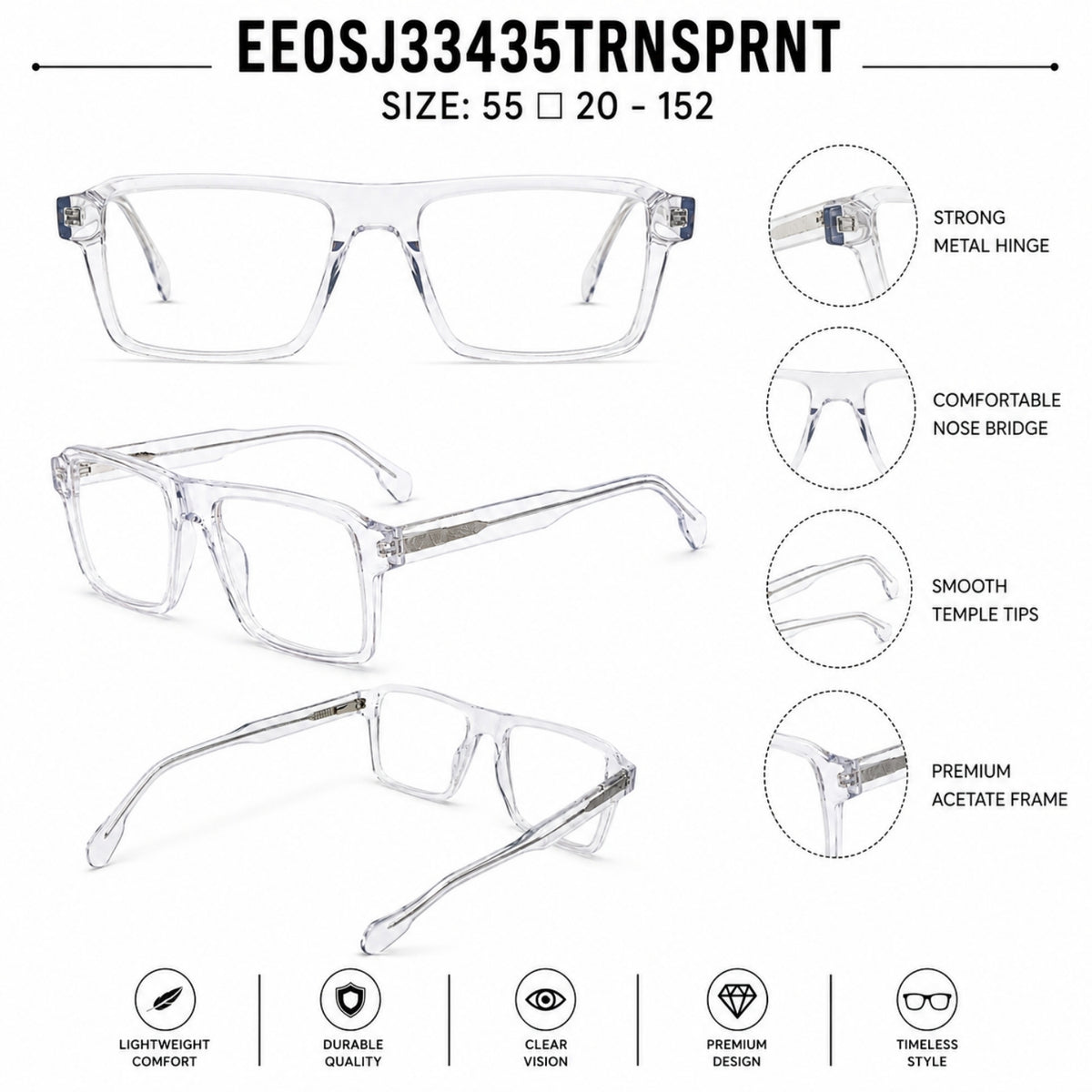 22118 Hand Made Acetate Transparent Rectangle Optical Frame — specification card