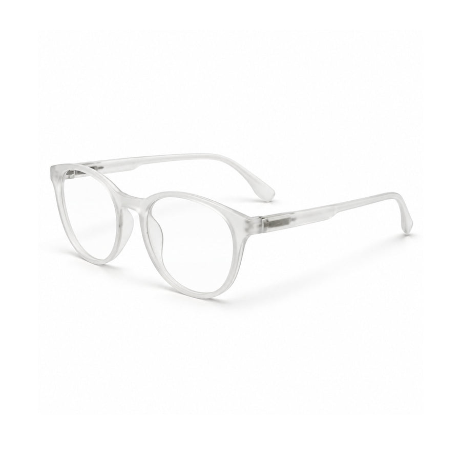 18887 VERLIN Round Optical Frame in Clear Crystal - angled view
