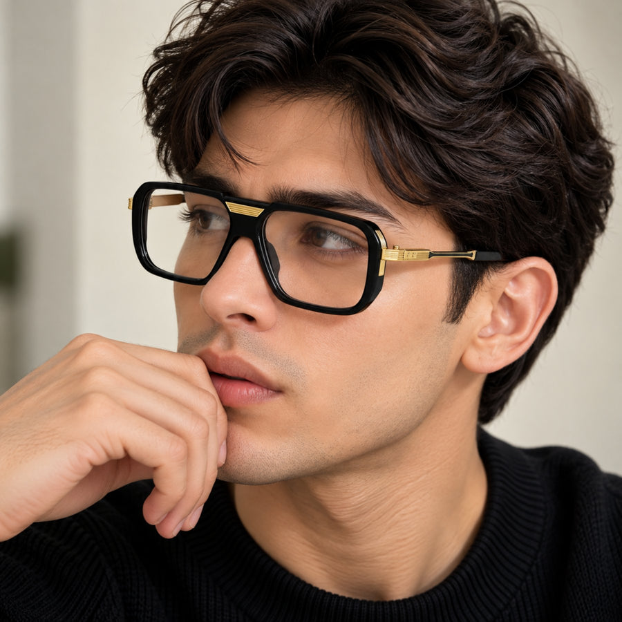 Man wearing VERLIN 6067 Black Gold navigator eyeglasses