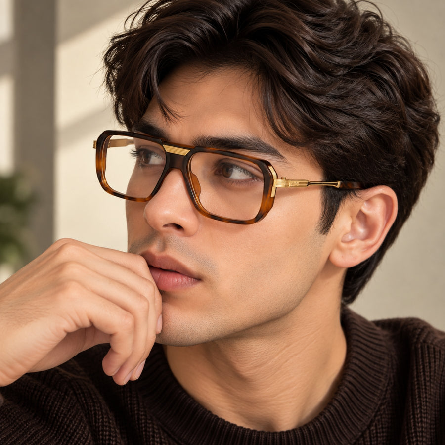 Man wearing VERLIN 6067 Tortoise Gold navigator eyeglasses