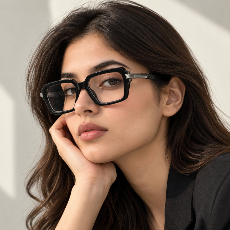 Woman wearing VERLIN 6104 Black square eyeglasses