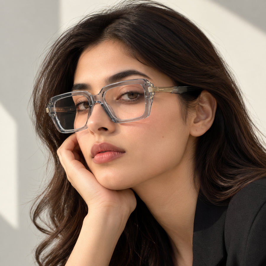 Woman wearing VERLIN 6104 Grey Crystal square eyeglasses