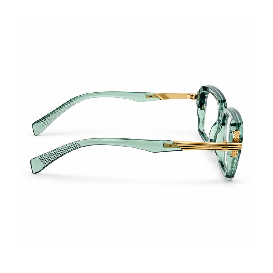VERLIN 6104 Sage Green square frame, temple and hinge detail