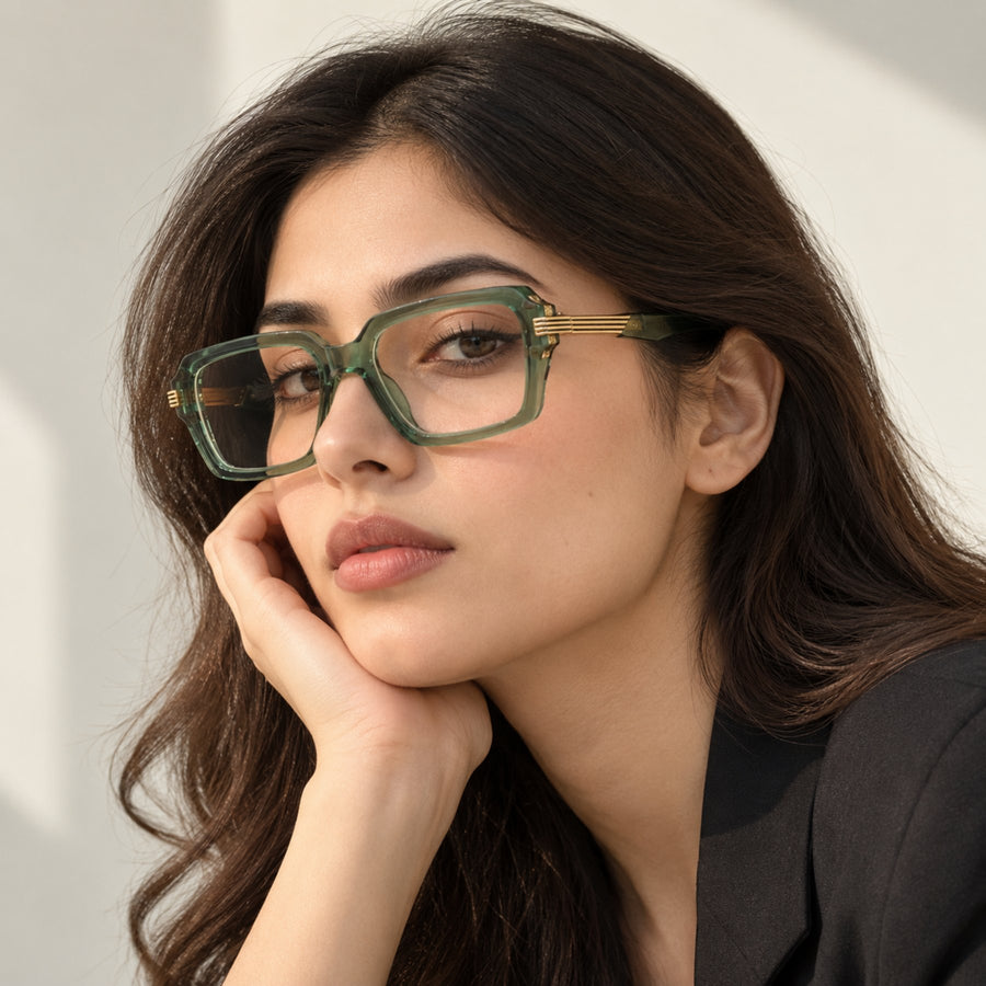 Woman wearing VERLIN 6104 Sage Green square eyeglasses