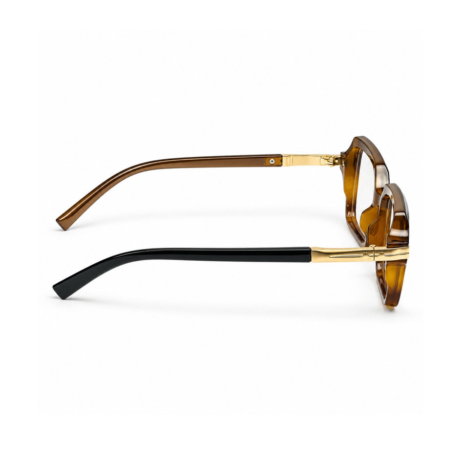 VERLIN 6115 Amber Tortoise square frame, temple and hinge detail