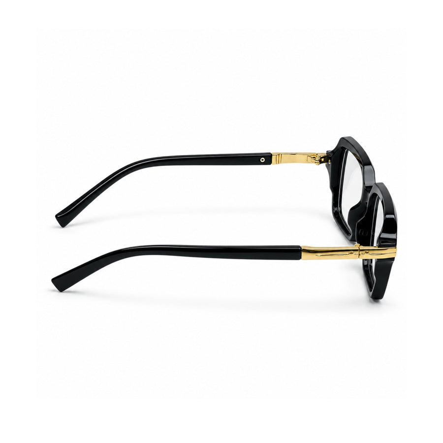 VERLIN 6115 Black Gold square frame, temple and hinge detail