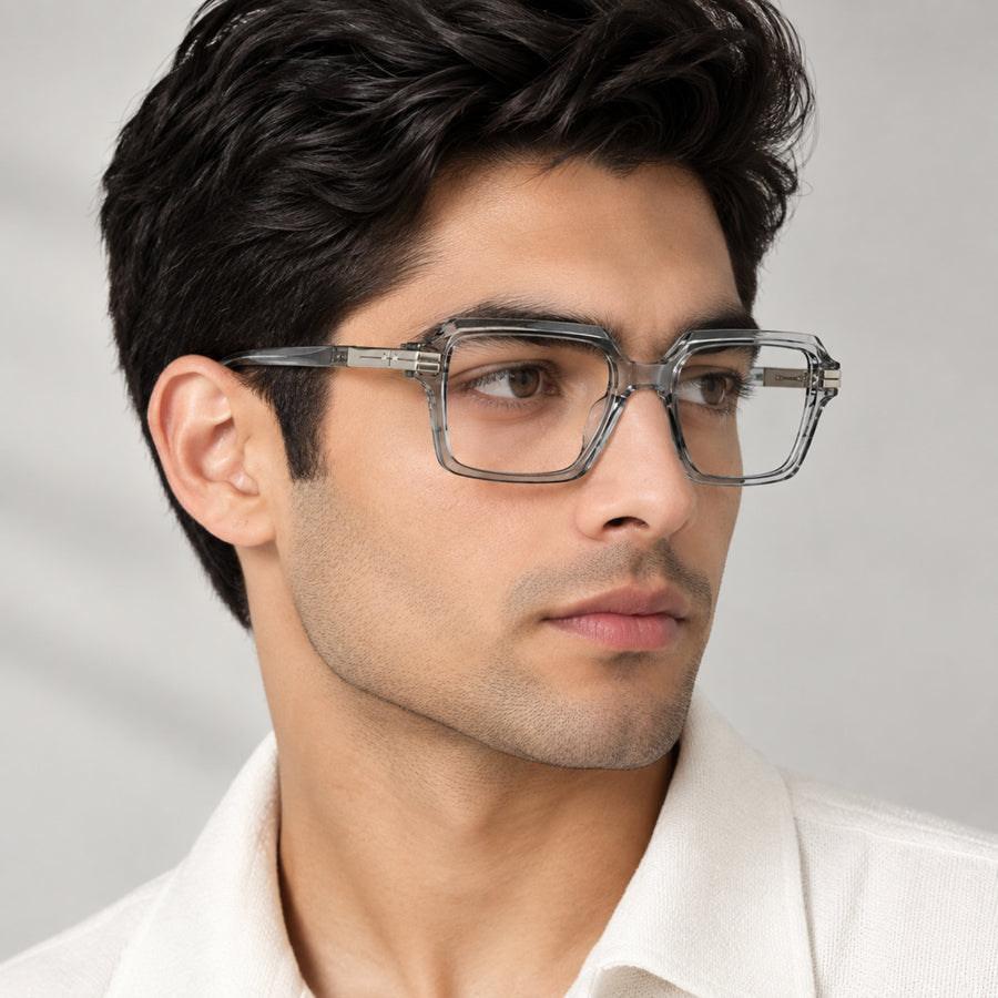 Man wearing VERLIN 6115 Grey Crystal square eyeglasses