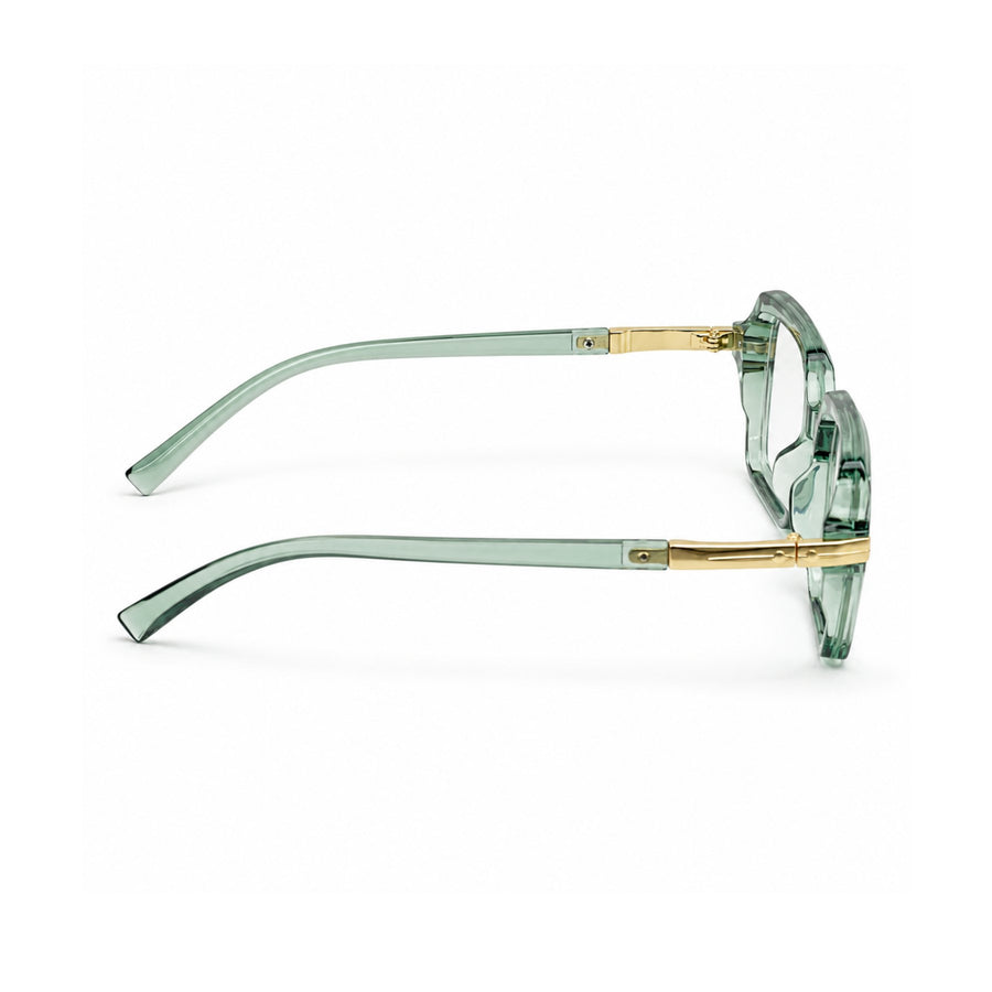 VERLIN 6115 Sage Green square frame, temple and hinge detail