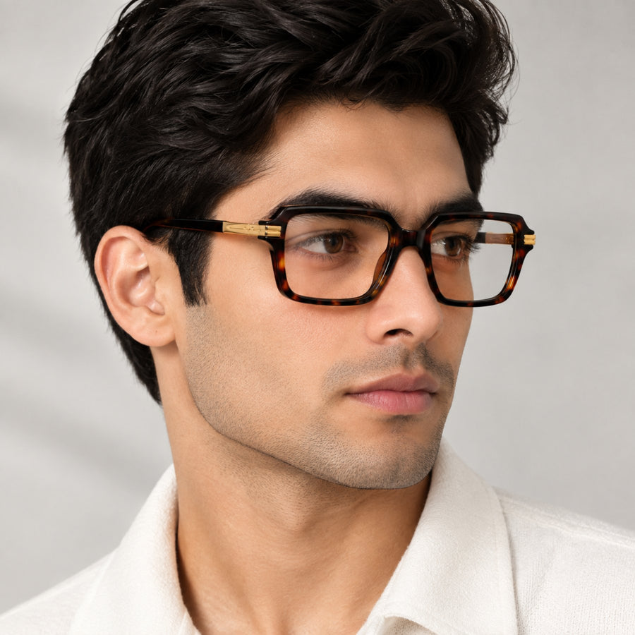 Man wearing VERLIN 6115 Tortoise Gold square eyeglasses