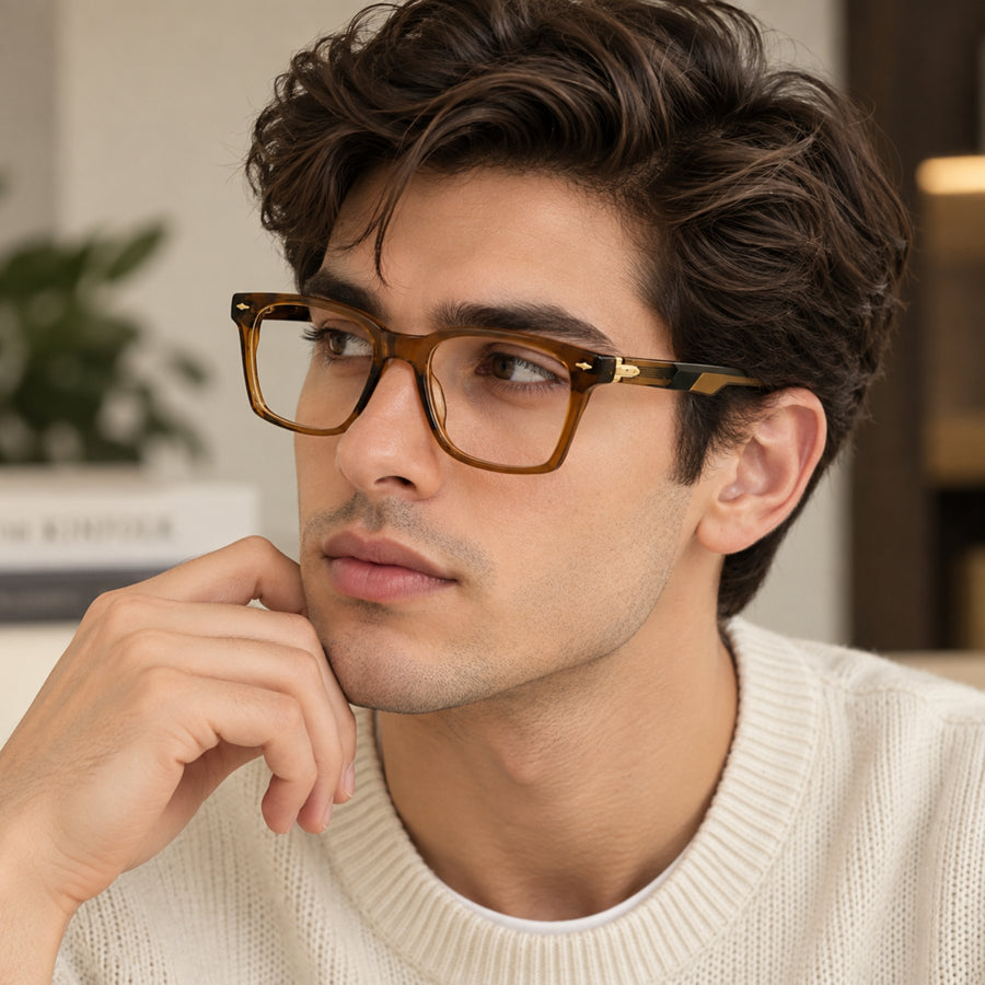 Man wearing VERLIN 6204 Amber Tortoise rectangle eyeglasses