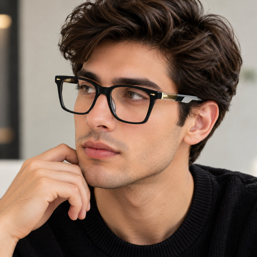 Man wearing VERLIN 6204 Black Gold rectangle eyeglasses