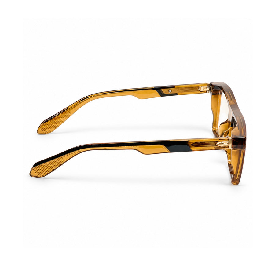 VERLIN 6230 Amber Tortoise flat-top frame, temple and hinge detail