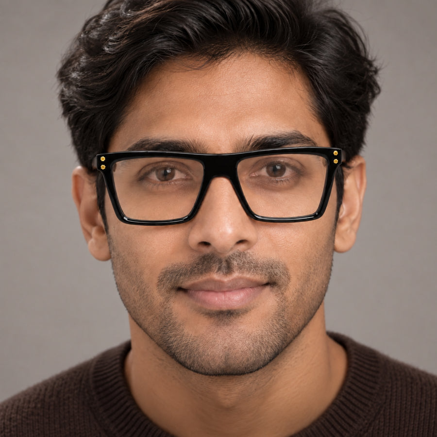 Man wearing VERLIN 6230 Black Silver flat-top rectangle eyeglasses