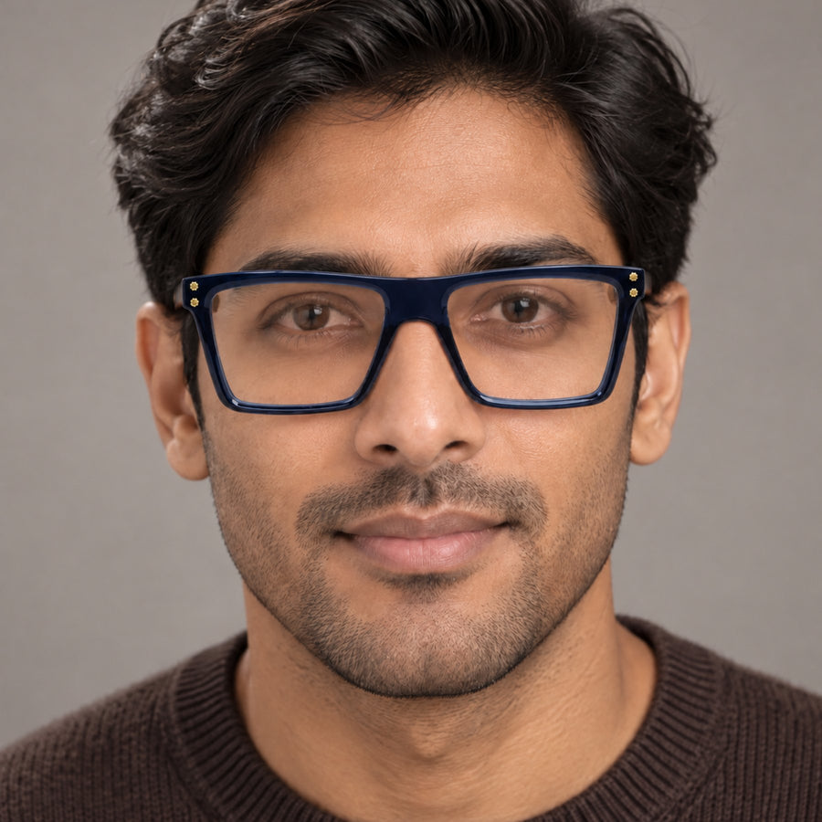 Man wearing VERLIN 6230 Navy Blue flat-top rectangle eyeglasses