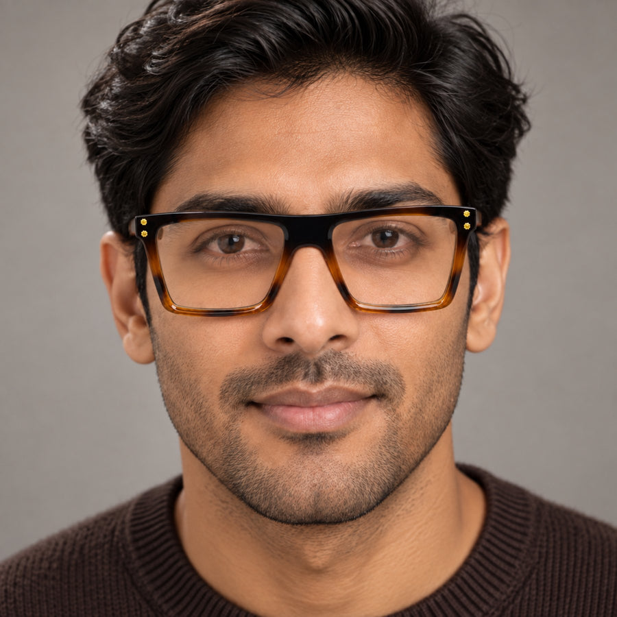 Man wearing VERLIN 6230 Tortoise flat-top rectangle eyeglasses