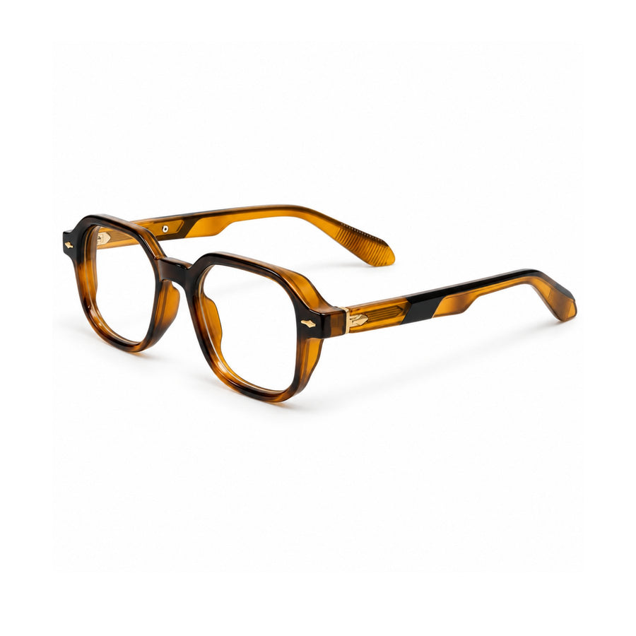 VERLIN 6231 Amber Tortoise geometric frame, three-quarter view